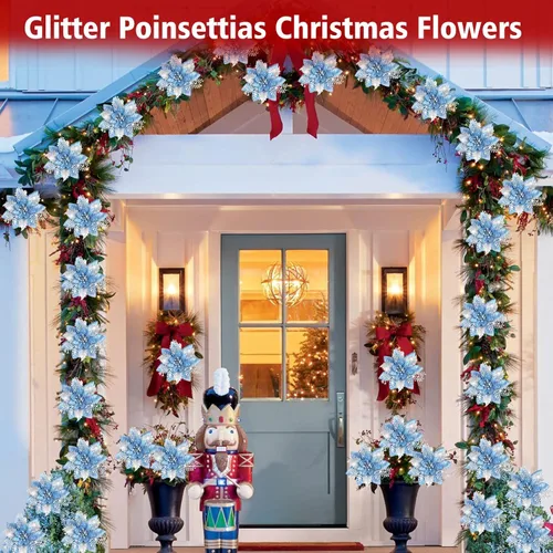 Vista 5 de LumBelle 24 piezas de flores artificiales de Navidad con purpurina de 5.9" con clips para árbol de Navidad, corona de Navidad DIY, adornos para Azul