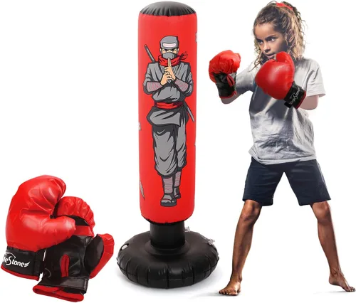 Saco de boxeo para niños de 47 pulgadas con guantes de boxeo – Bolsa de boxeo inflable para niños y niñas, juguete de entrenamiento de pie para