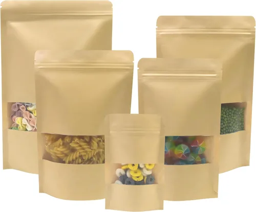 SumDirect Bolsas de pie de estraza – 50 bolsas de papel kraft resellables con ventana, bolsas de almacenamiento de alimentos con cremallera para el