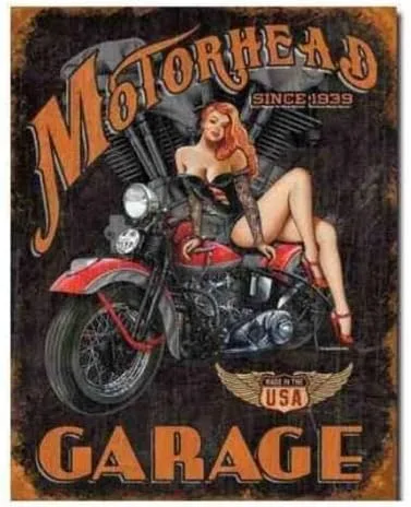 Letreros de decoración vintage para motocicleta, PIN UP, niña, motorhead, garaje, Harley Man Cueva, 12 x 16 pulgadas