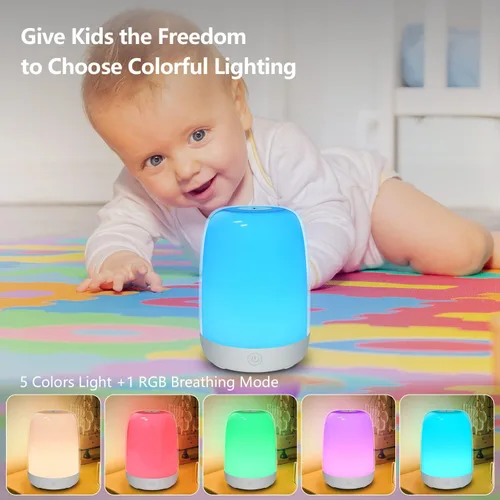 Vista 3 de Luz de guardería para niños, luz nocturna de bebé con luz cálida regulable y 5 luces que cambian de color, lámpara recargable USB para lactancia