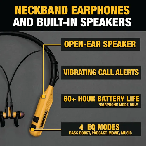 Vista 2 de DEWALT Auriculares Bluetooth 2 en 1 con banda para el cuello con 60 horas de reproducción y altavoz + funda rígida de EVA resistente a prueba