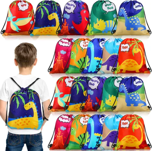 Vista 7 de Weewooday 20 bolsas de recuerdo de fiesta de dinosaurios con cordón para regalo, bolsa de golosinas de dinosaurio, caramelos, suministros