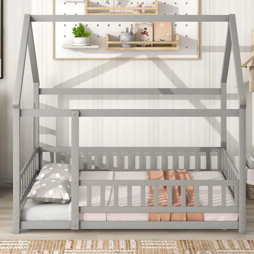 Vista 3 de Cama de casa de tamaño matrimonial para niños, marco de cama de piso de madera con marco de techo de casa, cama de plataforma con barandillas