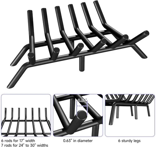 Vista 4 de Rejilla para chimenea de 17 pulgadas, soporte para leña, rejilla de estufa de leña resistente para interiores y exteriores, campamento, chimenea