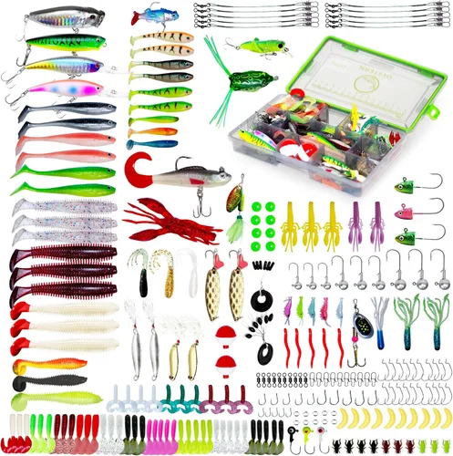 Kit de pesca de 232 piezas - Caja de aparejos con señuelos, cebos giratorios, cebos, señuelos para lubina y trucha, accesorios y equipo