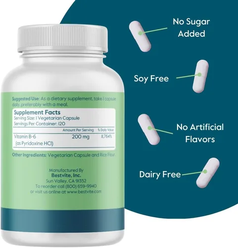 Vista 3 de BESTVITE Vitamina B-6 200 mg (120 cápsulas vegetarianas) - Sin estearatos - Sin agentes de flujo - Vegano - Sin OMG - Sin gluten