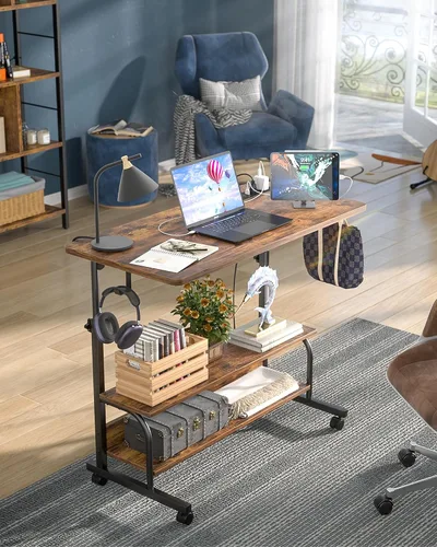Vista 3 de Armocity Escritorio de pie ajustable en altura con tomas de corriente, escritorio de pie manual de 32 pulgadas con estantes de almacenamiento Negro
