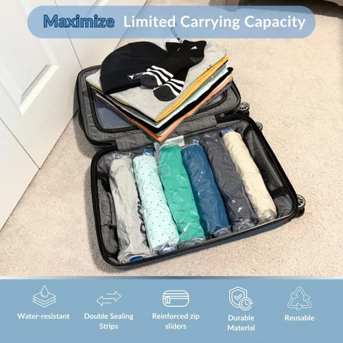 Vista 3 de Paquete de 18 bolsas de compresión para viajes, bolsas enrollables que ahorran espacio para almacenamiento de ropa, organizador de viaje compacto