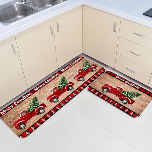 Vista 3 de Juego de 2 alfombras de cocina con camión rojo, árbol de Navidad rojo sobre tablero de madera retro, antideslizante, cómodo, tapete de pie