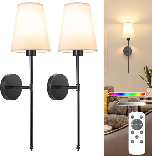 Vista 27 de NIORSUN Juego de 2 apliques de pared con pilas de 13.8 pulgadas, luces de pared recargables negras con bombillas desmontables regulables de 5200 mAh