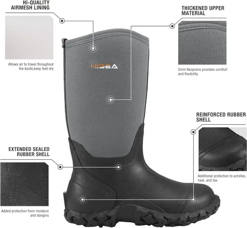 Vista 3 de HISEA Botas de lluvia para hombre, botas de goma de neopreno, impermeables, aisladas, botas de barro, unisex, zapatos de jardín de altura media