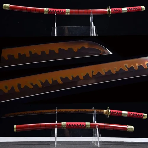 HERO SWORD - Espada de anime Zoro hecha a mano, arcilla muy afilada, acero templado T10 de una pieza, Katana, hoja roja y negra, armas japonesas