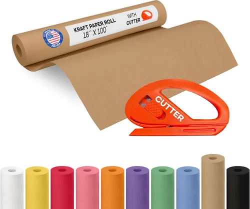 Vista 34 de Rollo de papel kraft amarillo de 36" x 1200" (100 pies) con cortador - Papel de regalo hecho en EE. UU. para embalaje, mudanza, envío