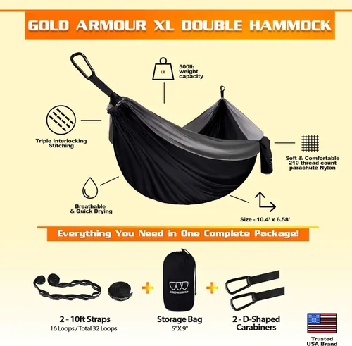 Vista 2 de Gold Armour Hamaca de camping – Hamaca doble XL, hamaca portátil, accesorios de camping, equipo para exteriores e interiores con correas de árbol
