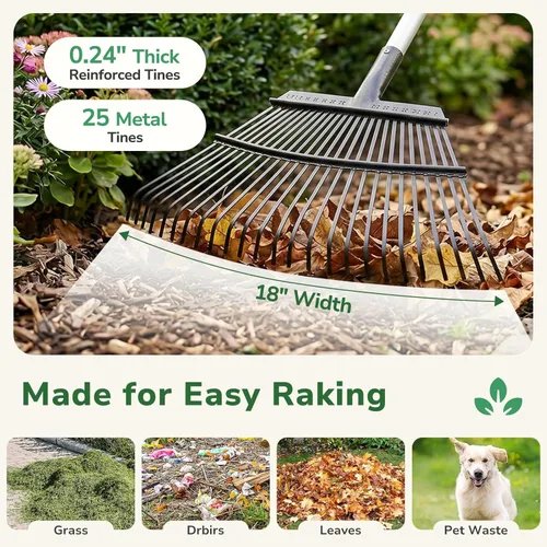 Vista 5 de GreatBuddy Combo de rastrillo y bolsas de hojas para hojas, rastrillo de jardín de metal ajustable de 29 a 72 pulgadas, 11 dientes, paquete de 2