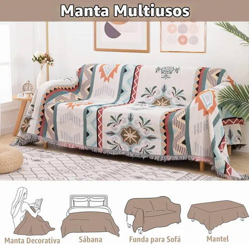Vista 4 de Homcosan Funda para sofá, manta reversible geométrica para sofá seccional, manta para sofá de 3 asientos, funda de sofá bohemia con borlas Boho-1