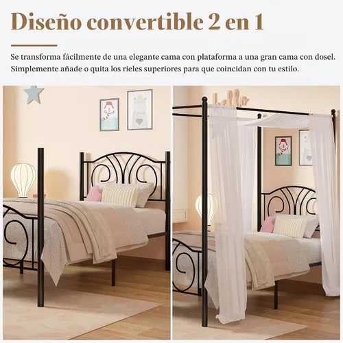 Vista 3 de VECELO Base de cama con dosel de metal, tamaño individual, base de colchón con plataforma de 4 pósteres con cabecero, soporte de listones de acero