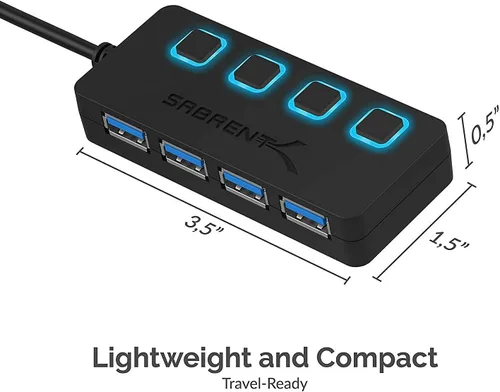 Vista 6 de SABRENT Hub USB 3.0 de 4 puertos con interruptores de alimentación individuales iluminados por LED, incluye adaptador de corriente de 5V/2.5A