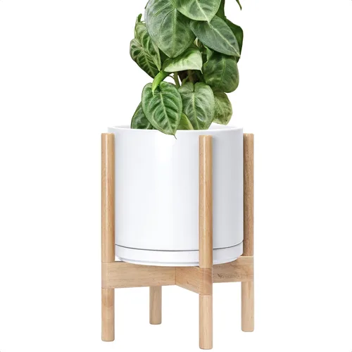 Vista 99 de D'vine Dev Maceta de cerámica con soporte de ébano – Maceta redonda moderna de 8 pulgadas con soporte para maceta de madera, color negro, 55-B-M-2