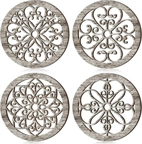 Vista 8 de Yulejo 4 piezas de decoración de pared rústica engrosada para cocina de granja, arte de pared redondo de madera con diseño tallado en relieve, arte