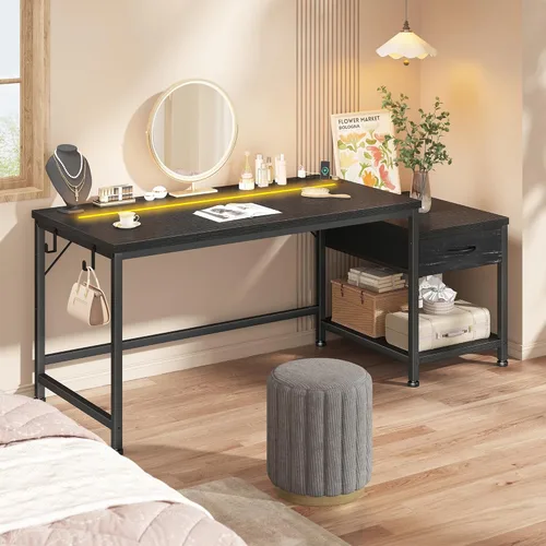 Vista 8 de DurayLoly Escritorio para juegos de 48.1 pulgadas con luces LED y tomas de corriente, escritorio reversible para computadora con cajones y estante