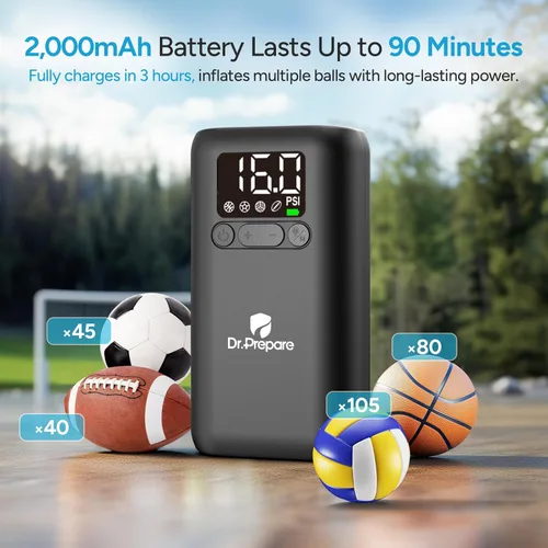 Vista 3 de Dr.Prepare Inflador de bola eléctrica, bomba de aire de baloncesto con pantalla de presión, 16 PSI, apagado automático, luz LED, para bolas, anillo