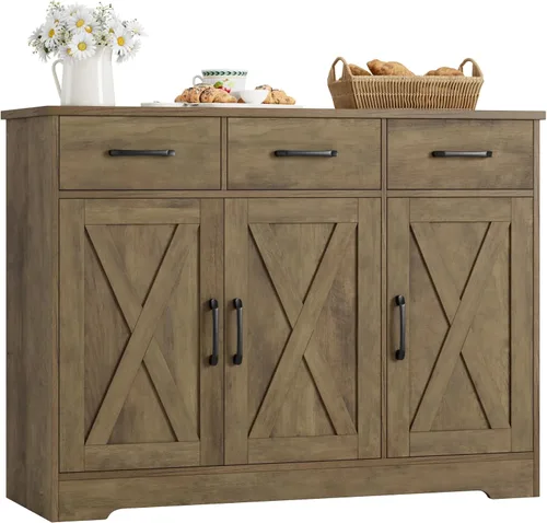 Vista 11 de HOSTACK Aparador Buffet Moderno de Granja con Gabinete, Gabinete de Almacenamiento con Puertas de Granero con Cajones y Estantes, Barra de Café
