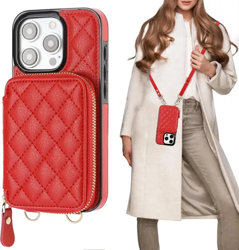 Vista 10 de Bocasal Funda tipo cartera con bandolera para iPhone 15 Pro, cartera de mano de piel sintética con cremallera y bloqueo RFID, funda tipo cartera