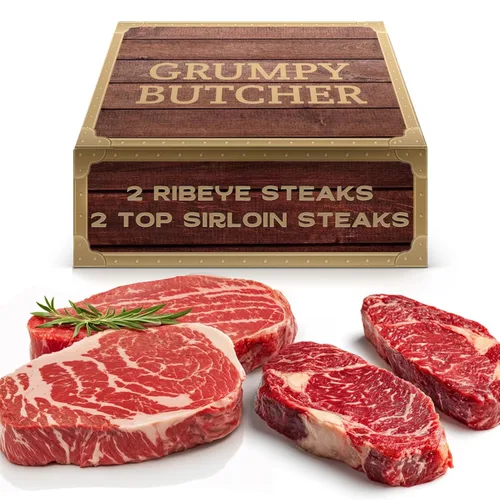 Vista 9 de Grumpy Butcher 6 Steaks Sampler Set Caja de regalo: 2 filetes grandes de filete mignon y 4 filetes de New York Strip - Calidad Prime Steakhouse