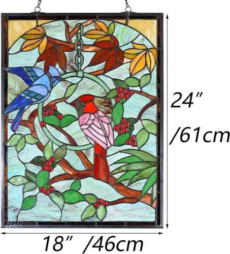 Vista 5 de BIeye W10052 Blue Jay and Cardinal on Branches Tiffany Style - Panel de vitral con cadena, forma rectangular, 18 pulgadas de ancho x 24 pulgadas