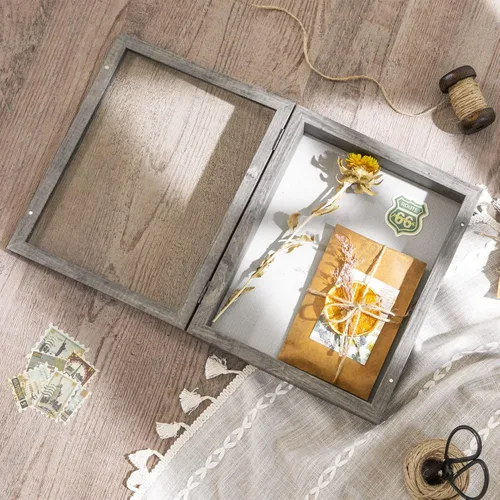Vista 4 de Paquete de 2 marcos de caja de sombra de 8 x 10 pulgadas con parte trasera de lino, vitrina rústica resistente de memoria de flores, imágenes, Gris