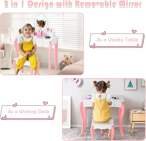 Vista 12 de KOTEK Juego de tocador para niños con espejo y taburete, tocador de madera de princesa 2 en 1 con espejo giratorio de 360°, parte superior