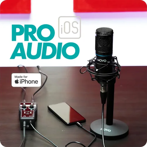 Vista 5 de Movo Paquete de equipos de podcast para iPhone, paquete de 2 micrófonos de condensador, 2 soportes de micrófono de escritorio, 2 filtros pop