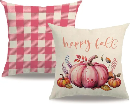 Vista 14 de Fundas de almohada decorativas de otoño, diseño de calabaza y búfalo de otoño a cuadros de 18 x 18 pulgadas, paquete de 2 fundas de almohada