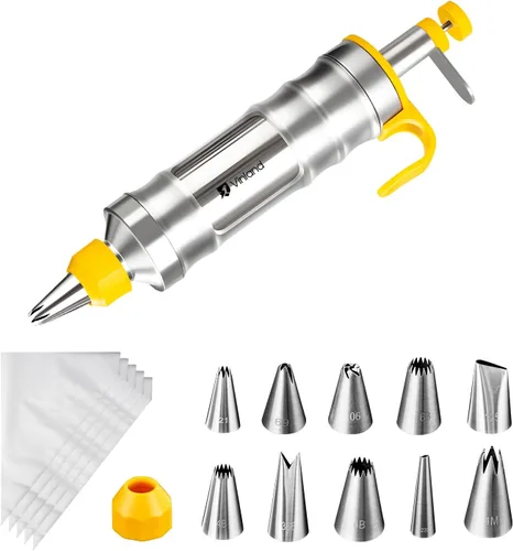 Vista 7 de Juego de jeringas para decoración de postres, kit de tuberías de glaseado de acero inoxidable, kit de decoración de pasteles con 10 puntas