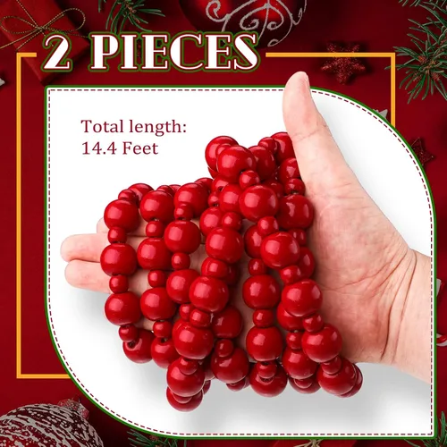 Vista 3 de 2 piezas / 4.4 metros Guirnalda de cuentas de madera de Navidad Adorno de árbol de Navidad de madera Cuentas redondas rústicas de árbol de Navidad