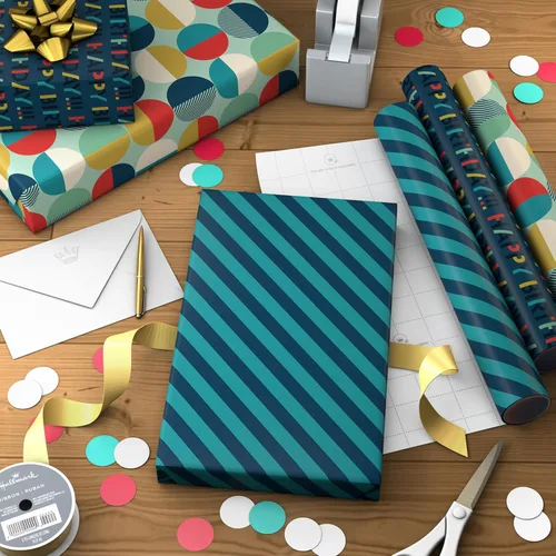 Vista 3 de Hallmark Birthday Wrapping Paper Mini Rolls, 3-Pack (Navy Blue and Teal Stripes, Orange and Yellow Mod Circles) for Graduations, Father's Day