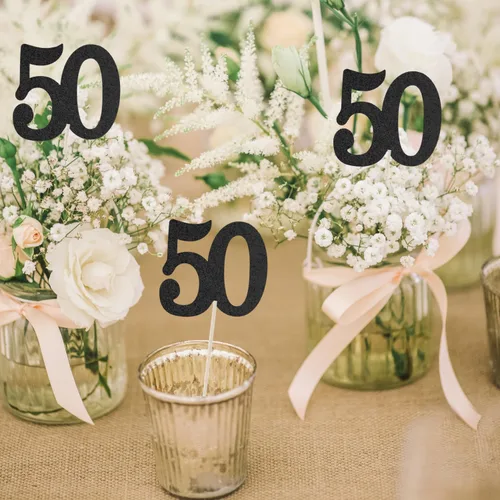 Vista 6 de Paquete de 10 palitos de centro de mesa de aniversario con purpurina de doble cara para cumpleaños número 50, decoración de mesa para fiesta de Negro