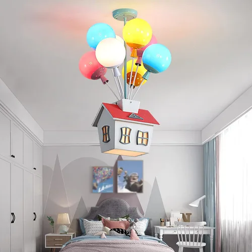 Lámpara de Techo con Forma de Casa para Niños Globo Colorido Araña de Madera Forma de Casa de Dibujos Animados con Pantalla de Acrílico Lámpara de