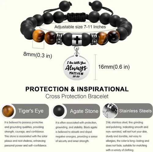 Vista 5 de Pulsera inspiradora para el día de San Valentín para hombres hecha a mano con versículo bíblico grabado, pulsera de cuentas de ágata natural y ojo