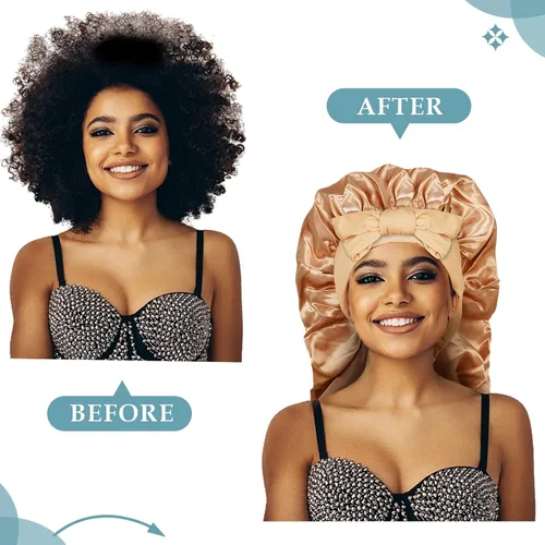 Vista 4 de 4 gorros de cabello trenzado para dormir, gorros largos de satén de seda para dormir, gorras de pelo grandes sedosas con banda de corbata, gorro