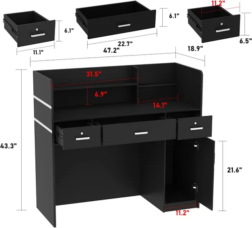 Vista 3 de DiDuGo Escritorio de recepción para pago y venta al por menor, mesa de mostrador frontal con gran almacenamiento, cintas plateadas, para oficina