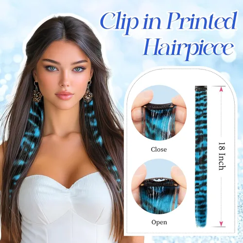 Vista 3 de FESHFEN Extensiones de cabello con clip con estampado de leopardo, 6 unidades, extensiones de cabello sintético largo y liso con clip, extensiones