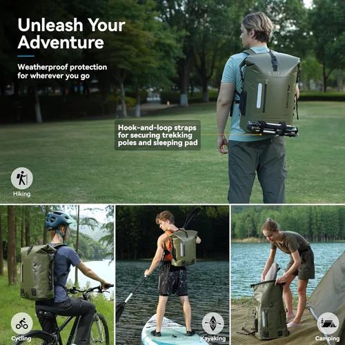 Vista 6 de MARCHWAY Mochila impermeable con parte superior enrollable, bolsa seca flotante de 20L/30L/45L con base rectangular ergonómica, espalda acolchada