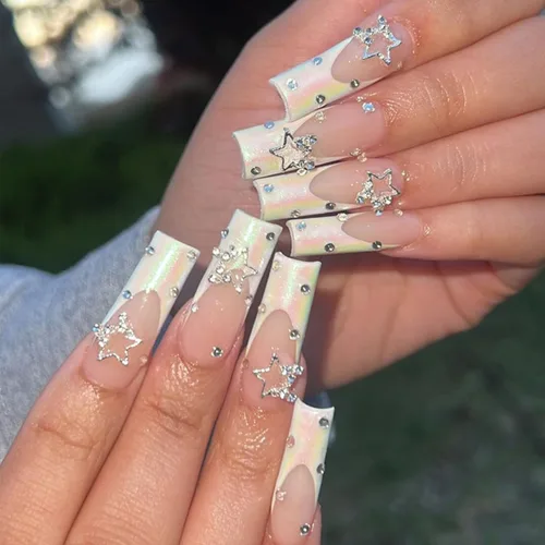 Vista 14 de Uñas postizas a presión con puntas francesas con purpurina, uñas postizas largas cuadradas, color rosa, cobertura completa, uñas postizas acrílicas