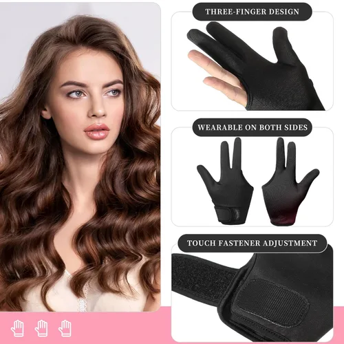 Vista 2 de Geyoga 2 guantes resistentes al calor para peinar el cabello, guantes de peluquero de 3 dedos, reutilizables, varita rizadora, protector térmico