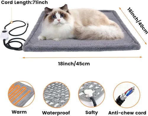 Vista 3 de Almohadilla térmica para gatos con temporizador, 9 temperaturas ajustables, almohadilla térmica eléctrica impermeable para mascotas con cubierta