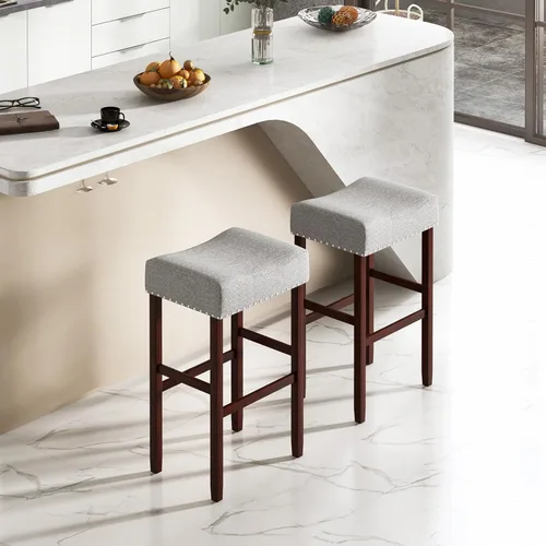 Vista 39 de ERGOMASTER Taburetes de bar, 24 pulgadas, modernos taburetes de sillín, madera de caucho, caqui/marrón, juego de 2