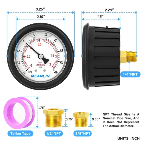 Vista 36 de MEANLIN MEASURE - Vacuómetro de presión de vacío de acero inoxidable, esfera con cara de 2.5 pulgadas, NPT de 1/8 de pulgada, montaje trasero